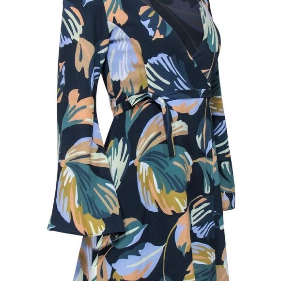 NWOT Revolve Amanda Uprichard Jillian Navy Leaf Print Long Sleeve Wrap Dress XS - Picture 5 of 8